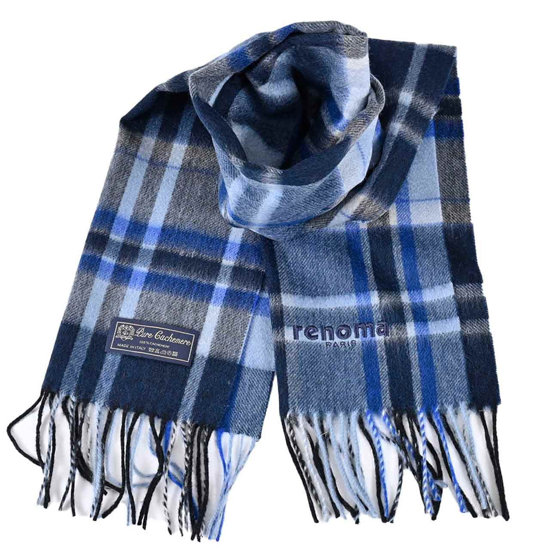 レノマ RENOMA マフラー R9913 CHECK CASHMERE 4 ブルー  メンズ レディース