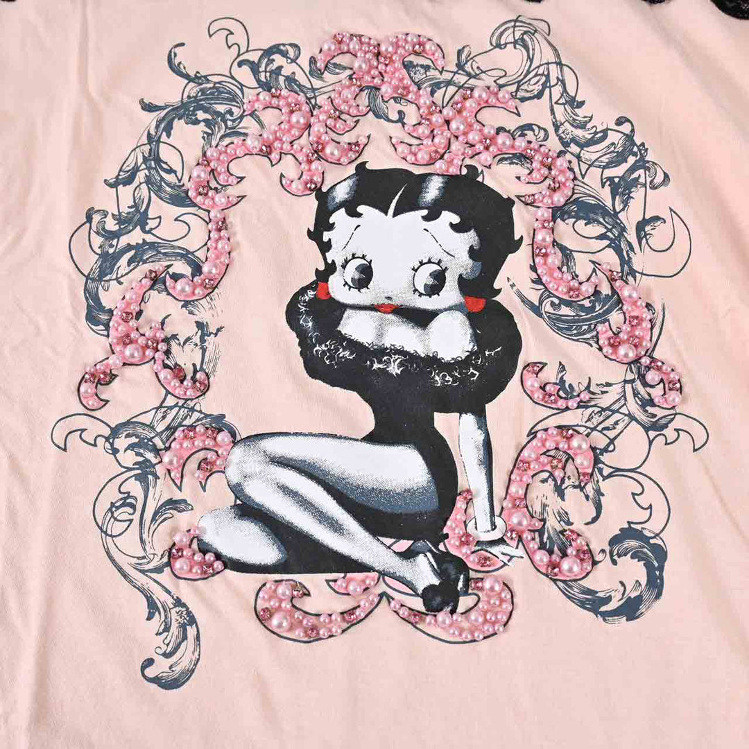プラムス　PLUMS ベティちゃんプリント　5分袖Tシャツ9BWT037 PNK001 ピンク